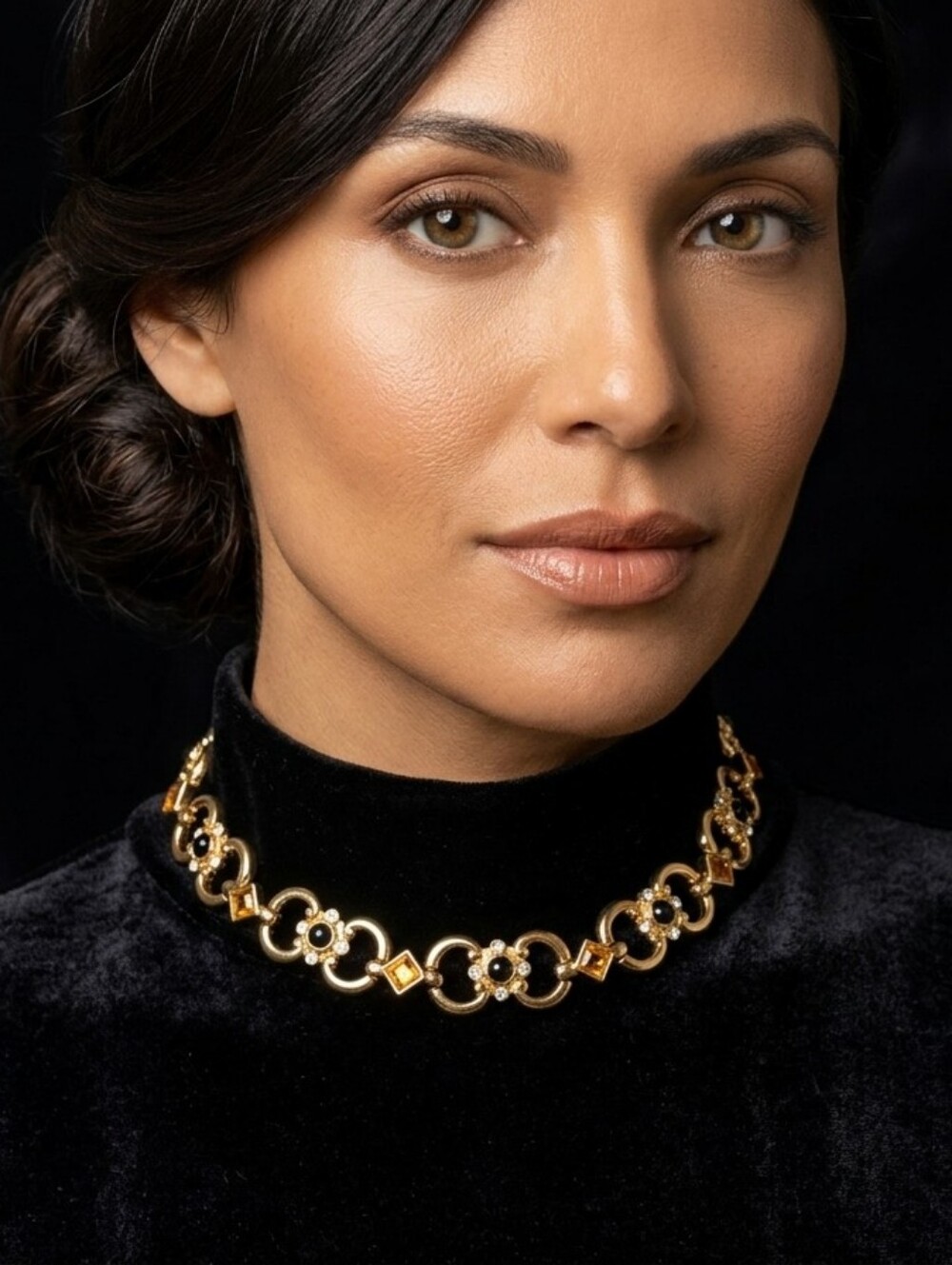 Vntg Gold Tone Victorian Revival Choker Necklace Black Cabochon Amber Rhinestone
